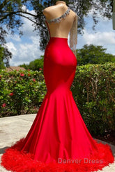 Charming Red Long Mermaid Tassel One Shoulder Satin Backless Prom Dresses